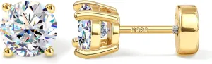 Moissanite Earrings Studs : D Color VVS1 Hypoallergenic 14K Gold Plated Flat Back 925 Sterling Silver Earring for Women Men Cartilage Helix Conch Piercing Jewelry Brilliant Round Cut 2-3CT