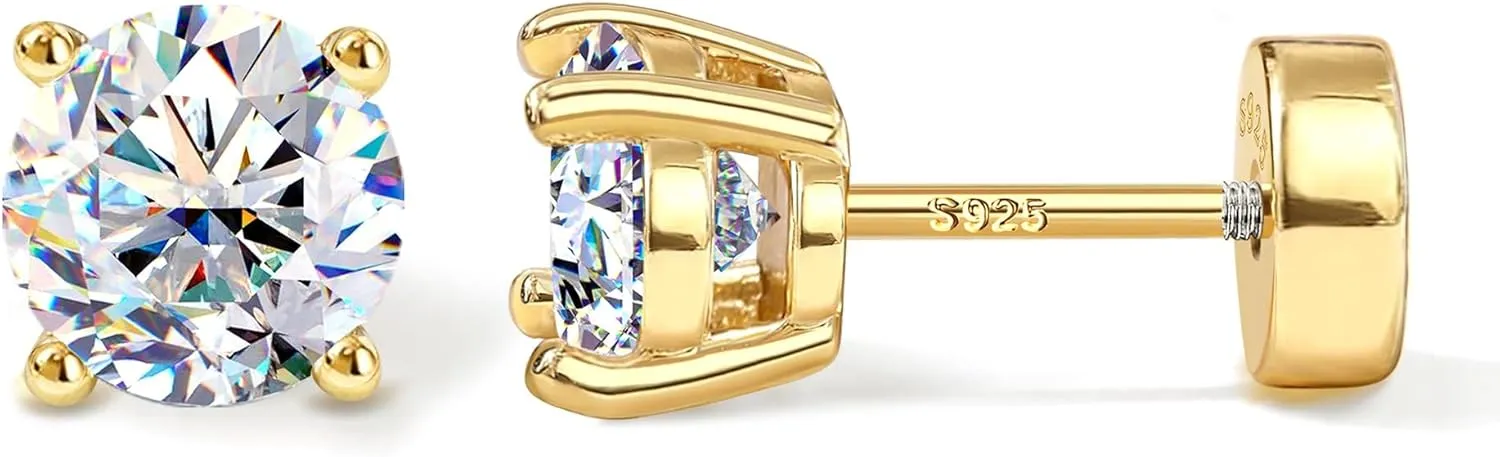 Moissanite Earrings Studs : D Color VVS1 Hypoallergenic 14K Gold Plated Flat Back 925 Sterling Silver Earring for Women Men Cartilage Helix Conch Piercing Jewelry Brilliant Round Cut 2-3CT