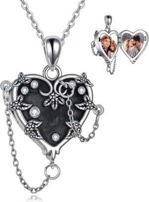 MONGAS Witches Heart Pendant Necklace 925 Sterling Silver Gothic Jewelry Steampunk Heart Goth Halloween Gifts Alt Necklace for Women Y2K Necklace