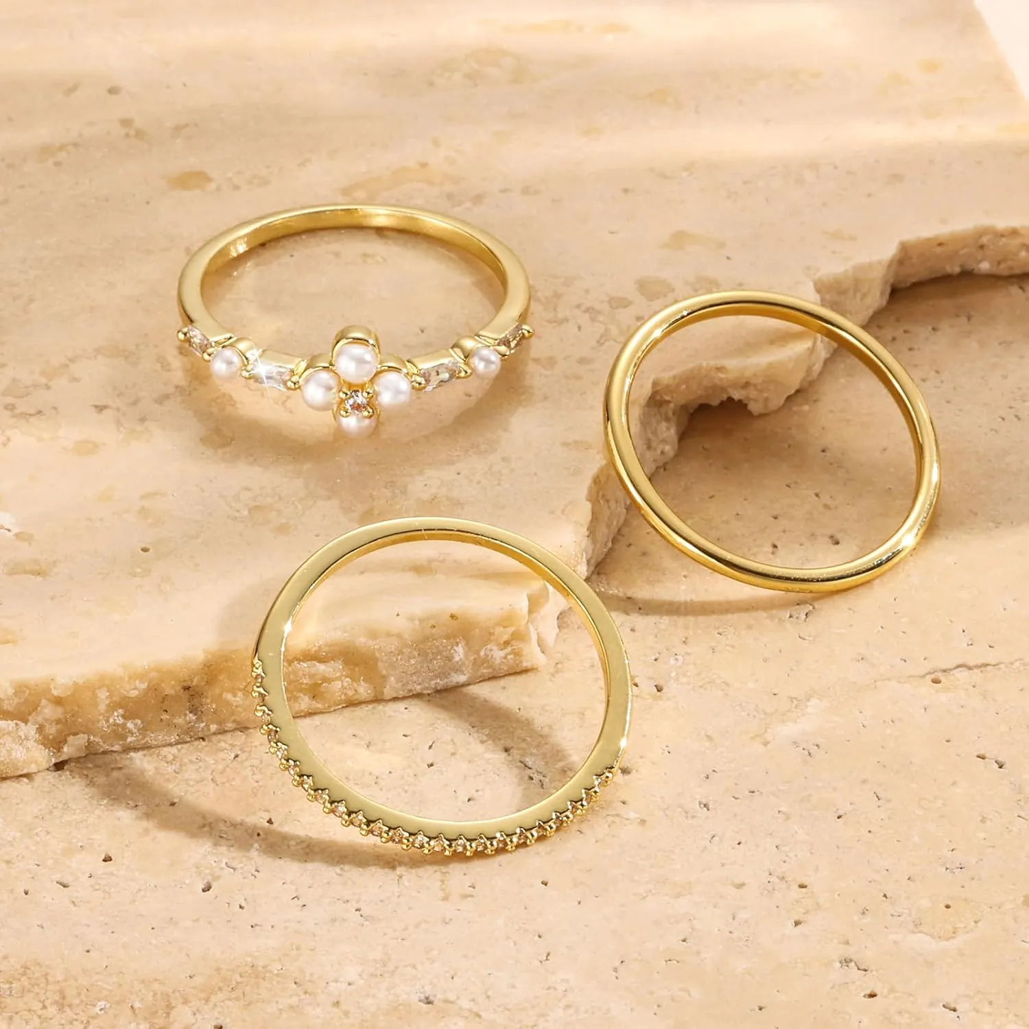 Non Tarnish Gold Ring Set: 3PCS Dainty Stackable Rings for Women Hypoallergenic 14K Gold Plated Thin Thumb Pinky Rings Wedding Bands for Women Cute Jewelry Trendy Size 6/7/8/9/10