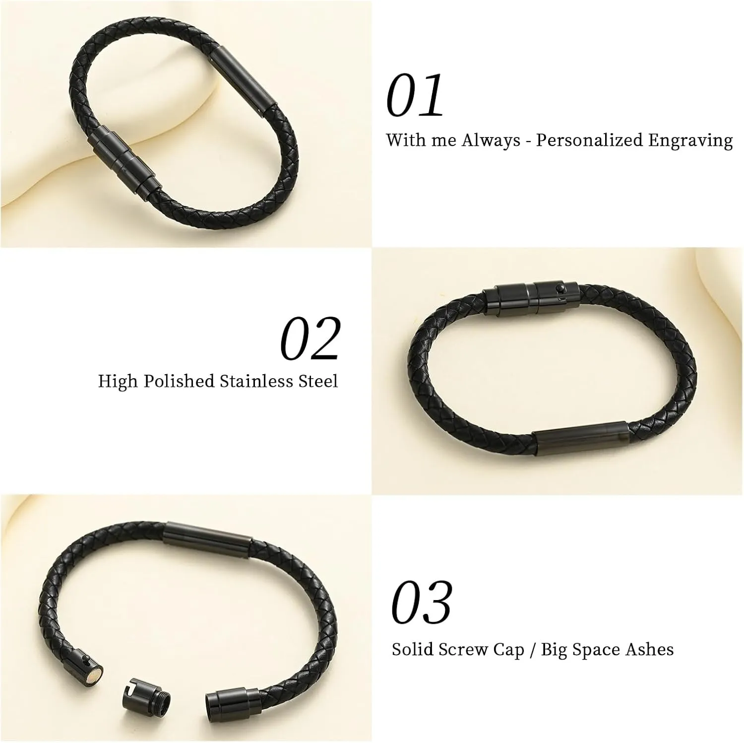 Oinsi Cremation Jewelry Bracelet With Stainless Steel Cylinder Urn For Ashes - Black/Brown Genuine Leather Memorial Bangle Bracelet For Men Women Quality Clasp Open