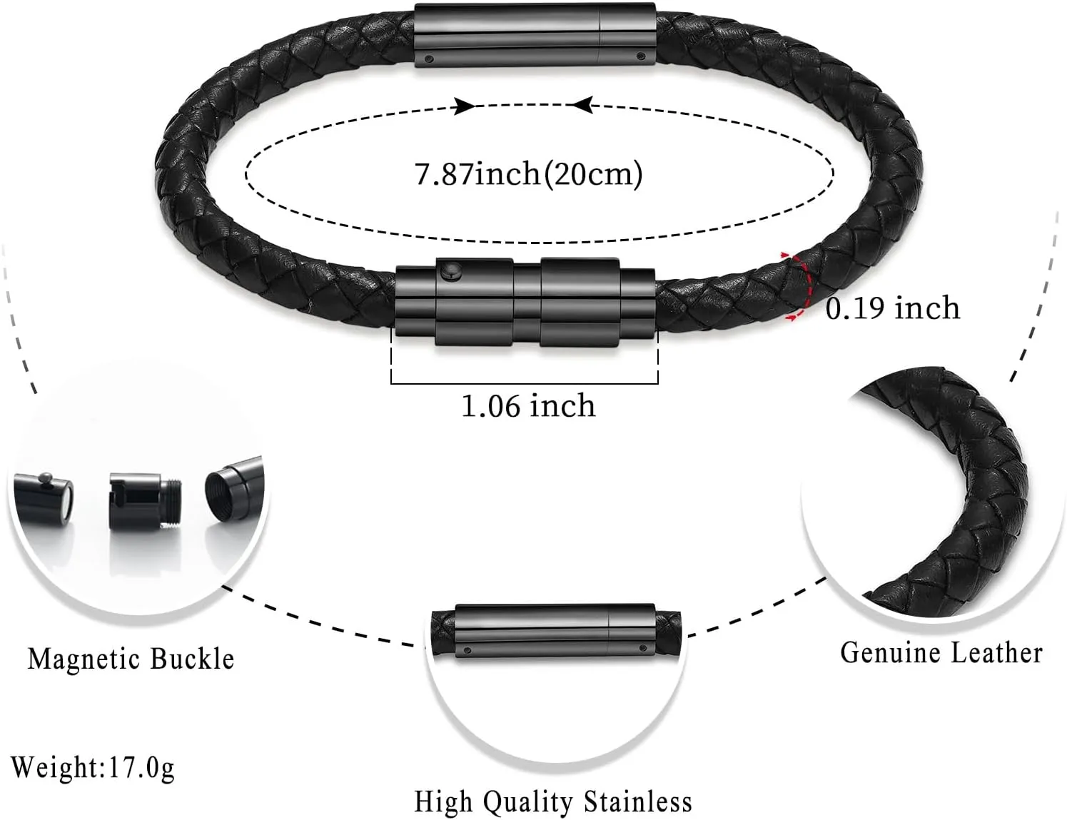 Oinsi Cremation Jewelry Bracelet With Stainless Steel Cylinder Urn For Ashes - Black/Brown Genuine Leather Memorial Bangle Bracelet For Men Women Quality Clasp Open