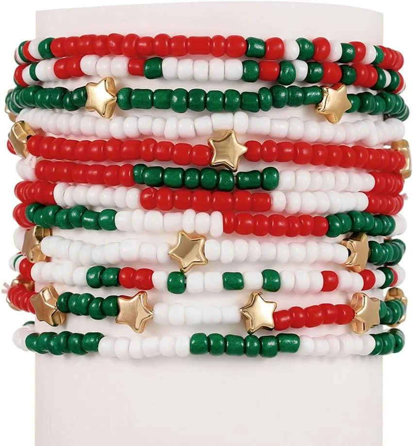 Pingyongchang Cute Xmas Beads Bracelets Set Red Green White Boho Stackable Adjustable Multi Layer Bangle Bracelet for Women Men as Christmas Party Vacation Friendship Gifts-12pcs