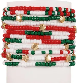 Pingyongchang Cute Xmas Beads Bracelets Set Red Green White Boho Stackable Adjustable Multi Layer Bangle Bracelet for Women Men as Christmas Party Vacation Friendship Gifts-12pcs