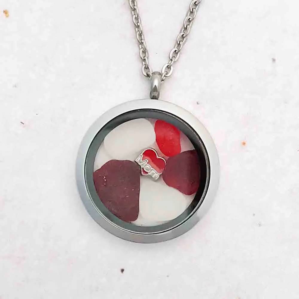 Showy Deep and Bright Red "I Love Mom" Sea Glass Locket | #1681