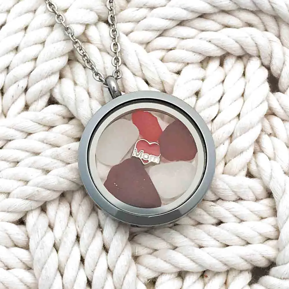 Showy Deep and Bright Red "I Love Mom" Sea Glass Locket | #1681