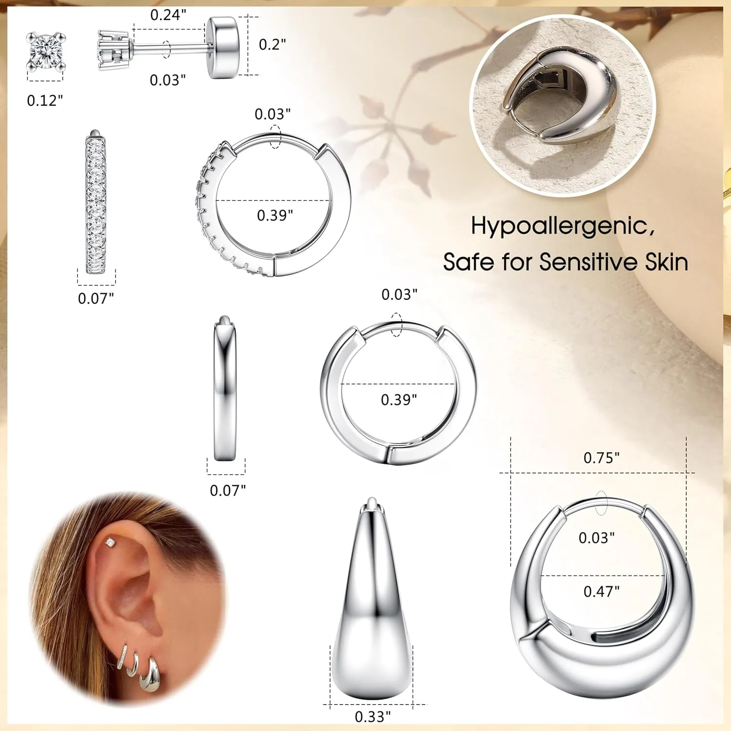 Small Gold Hoop Earrings for Women - Hypoallergenic 14K Gold Plated Surgical Steel Chunky Huggie Earings Stacks Set Dainty Cute Silver Cartilage Flat Back Stud Jewelry Trendy 4 Pairs