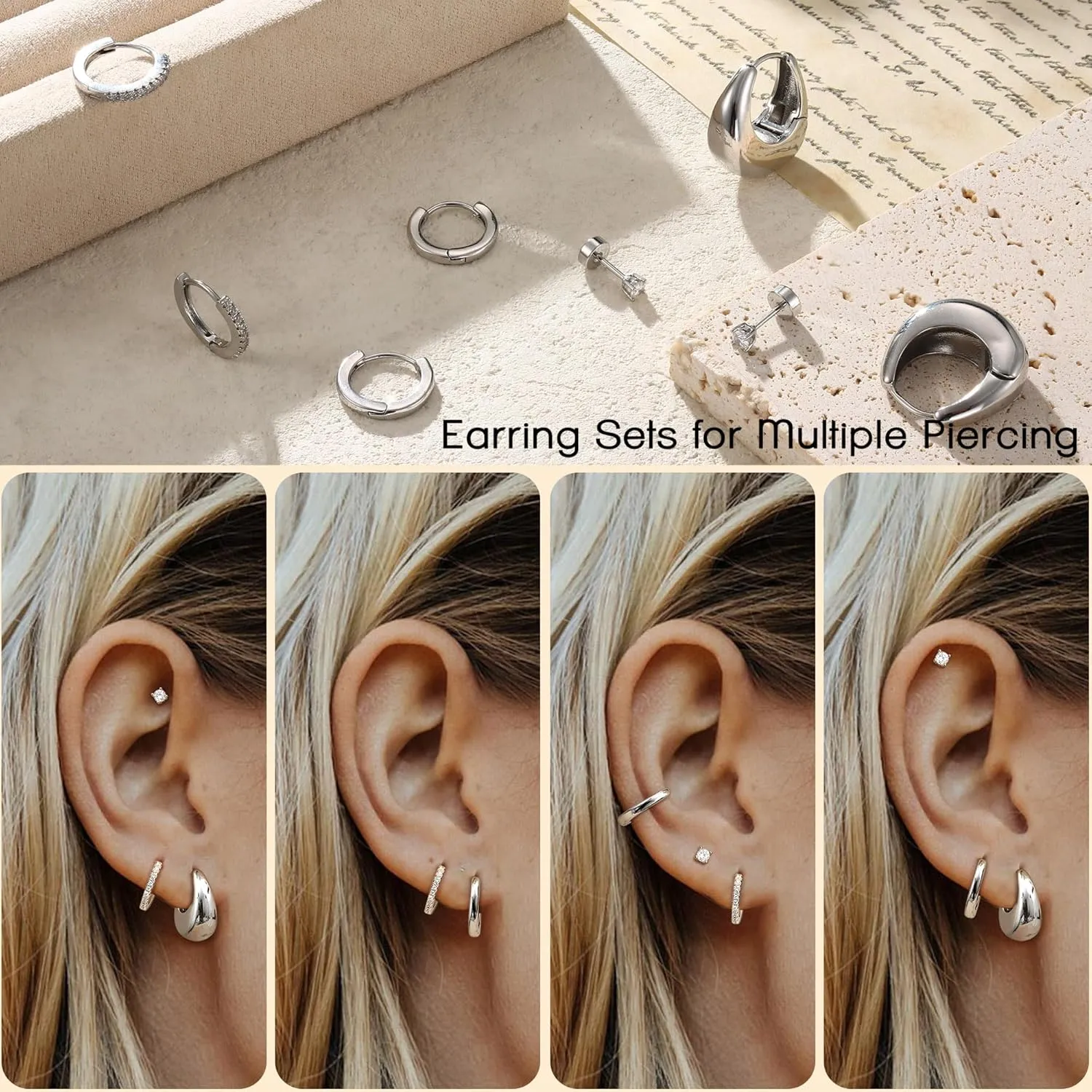 Small Gold Hoop Earrings for Women - Hypoallergenic 14K Gold Plated Surgical Steel Chunky Huggie Earings Stacks Set Dainty Cute Silver Cartilage Flat Back Stud Jewelry Trendy 4 Pairs