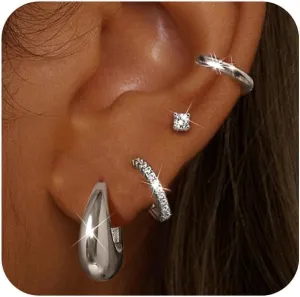 Small Gold Hoop Earrings for Women - Hypoallergenic 14K Gold Plated Surgical Steel Chunky Huggie Earings Stacks Set Dainty Cute Silver Cartilage Flat Back Stud Jewelry Trendy 4 Pairs