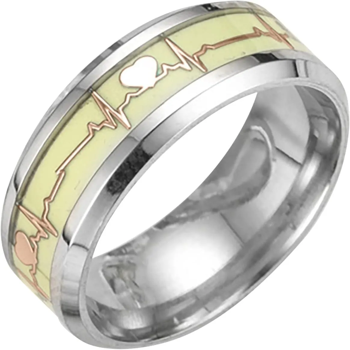 Stainless Steel Rings for Women Men Heartbeat Couple Rings Glow in the Dark Valentine's Day Party Fashion Jewelry