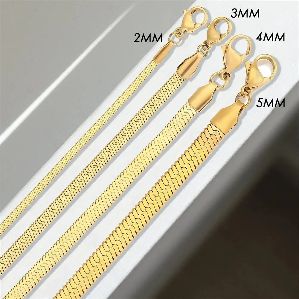 Trending Elegance: Women's Classic Snake Chain Bracelet in Gold Color, available in widths of 3/4/5MM. Crafted from Stainless Steel, this bracelet is a timeless and stylish jewelry gift for women.