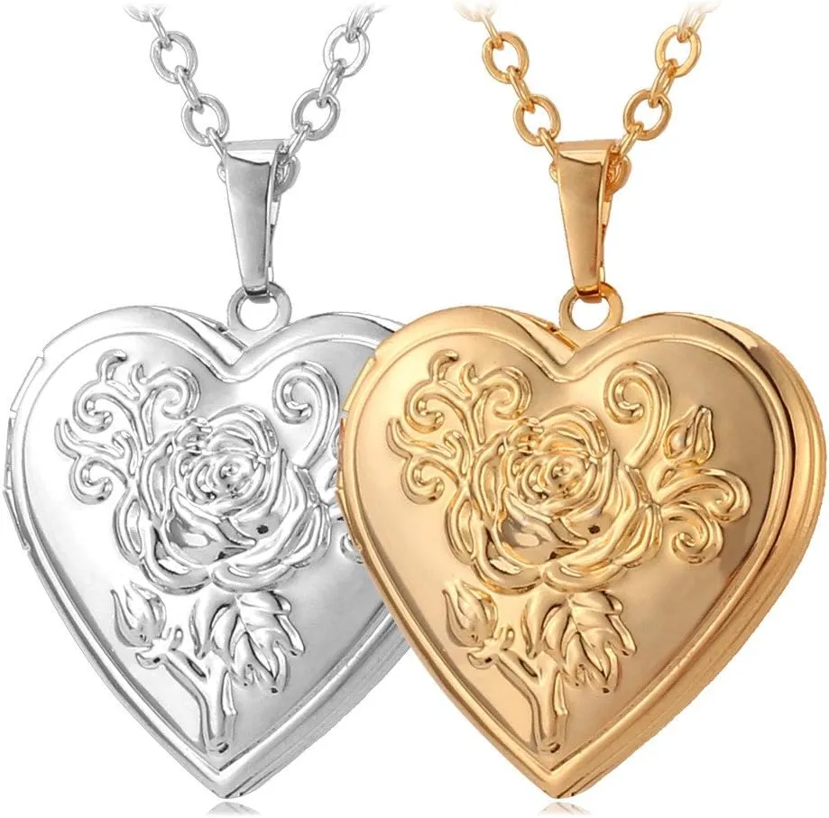 U7 Personalized Picture Necklaces for Women Girls, Platinum/Gold Plated Lockets with 18 Inch Chain, Custom Photo & Text Flower Heart/Round Shape Locket Necklace Pendant Valentines/Mother Gift