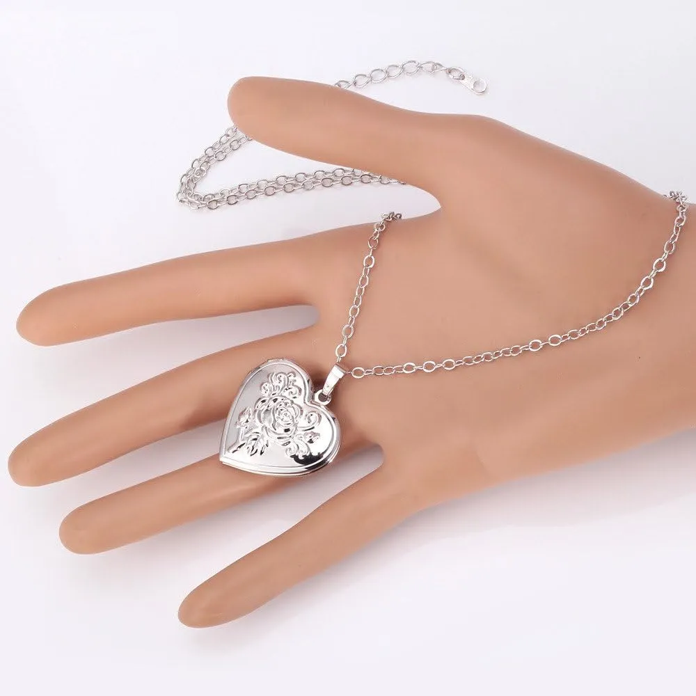 U7 Personalized Picture Necklaces for Women Girls, Platinum/Gold Plated Lockets with 18 Inch Chain, Custom Photo & Text Flower Heart/Round Shape Locket Necklace Pendant Valentines/Mother Gift