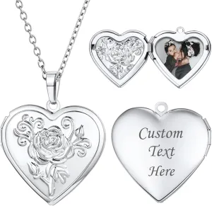 U7 Personalized Picture Necklaces for Women Girls, Platinum/Gold Plated Lockets with 18 Inch Chain, Custom Photo & Text Flower Heart/Round Shape Locket Necklace Pendant Valentines/Mother Gift