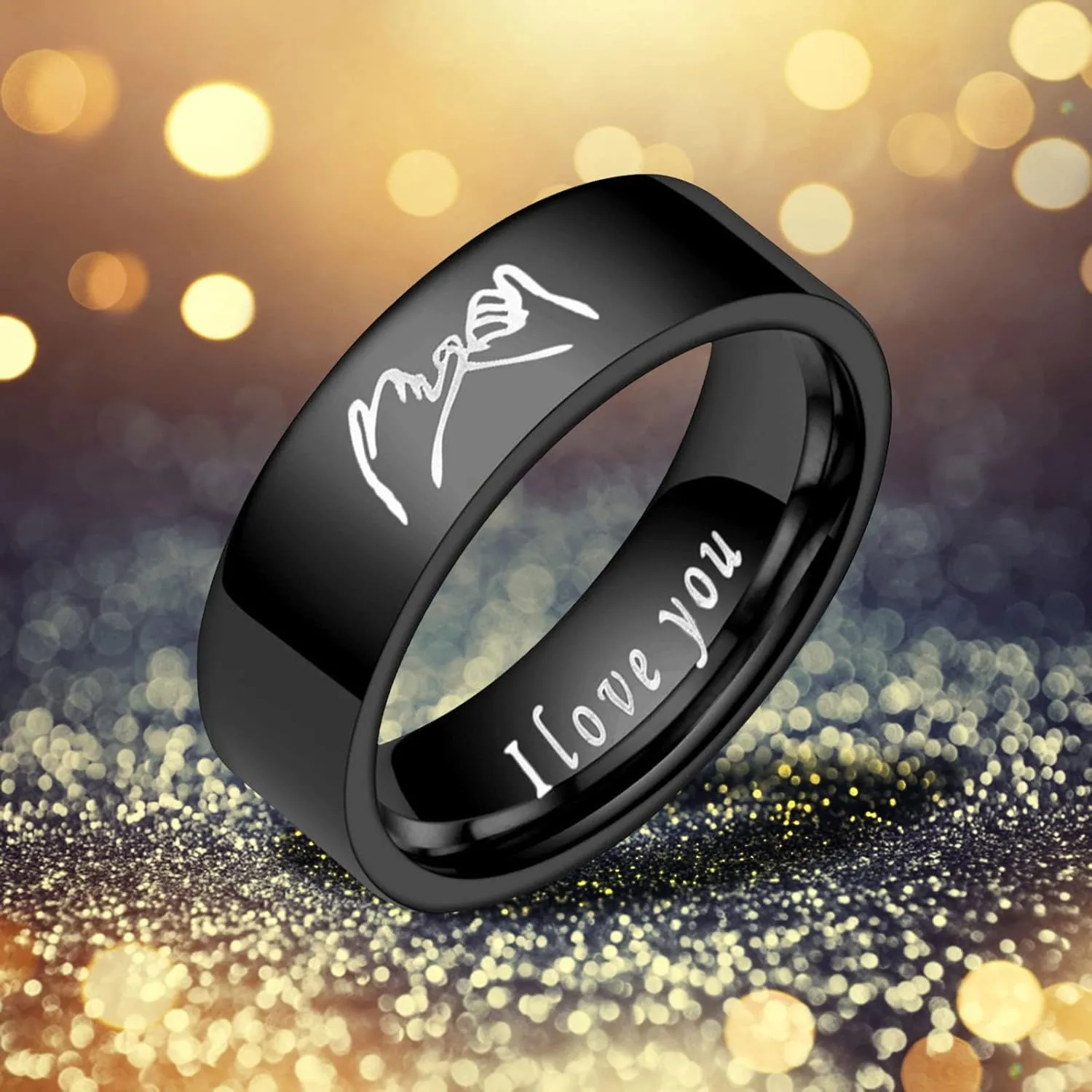 Women Men Couple Ring Stainless Steel Engagement Rings Engraved Rotatable Ring Wedding Bands (Black, 13)