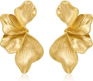 WOWORAMA Gold Flower Earrings for Women Chunky Gold Statement Earrings Vintage Metal Flower Leaf Earring Trendy Floral Drop Dangle Earring Jewelry